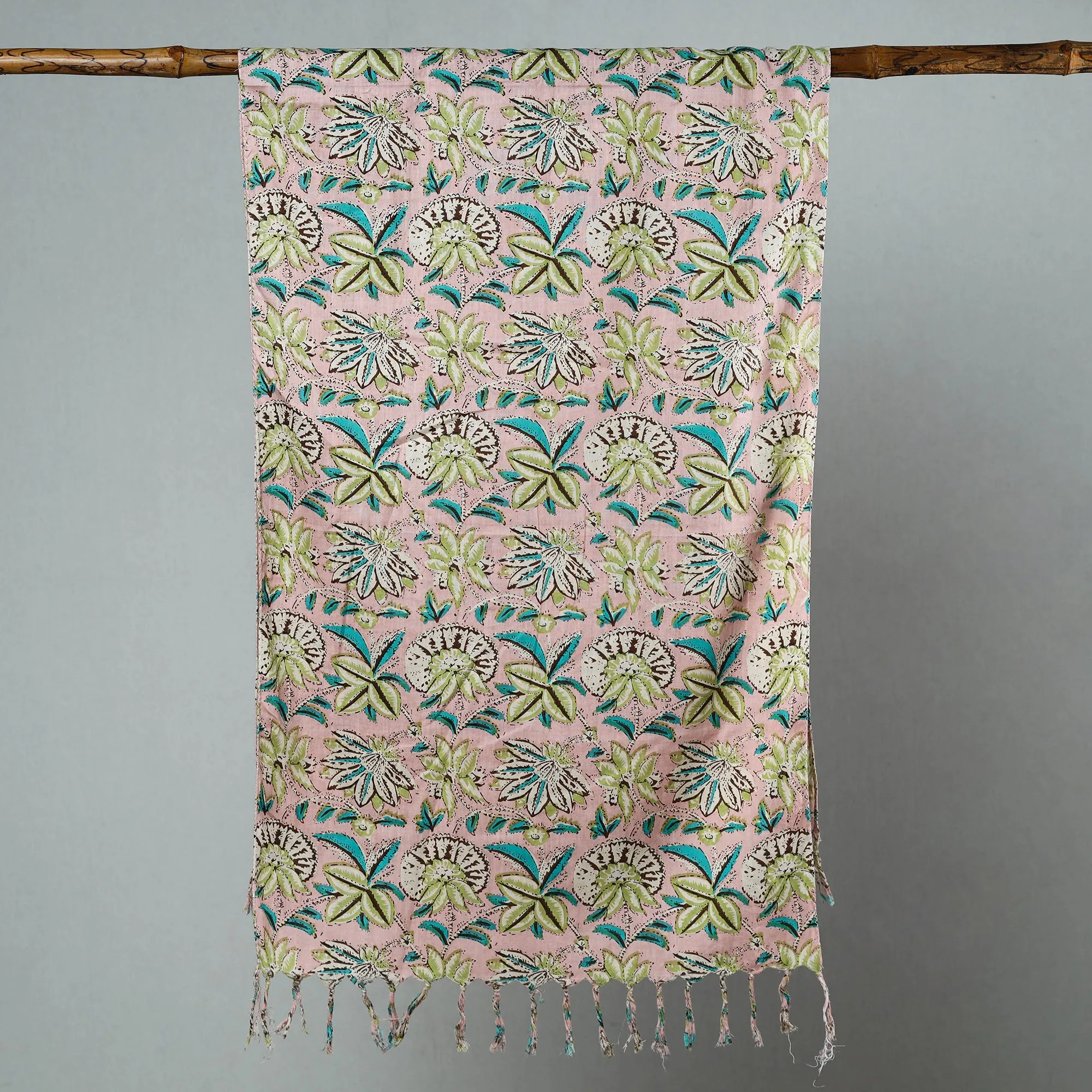 Peach - Sanganeri Block Printed Cotton Stole with Tassels 224