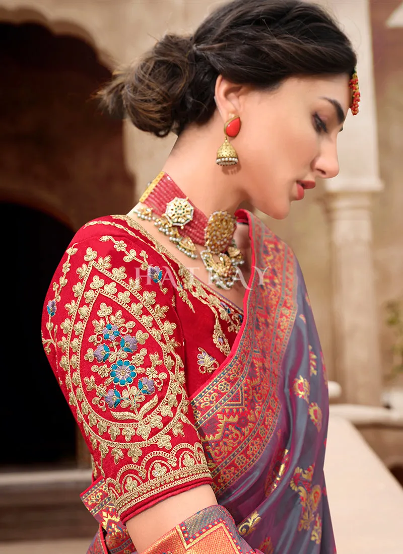 Purple And Red Embroidered Banarasi Silk Saree