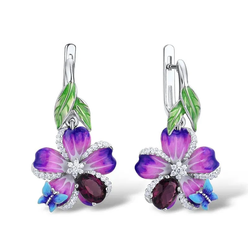 Purple Flower and Butterfly Enamel Hoop Earrings for Women with Zircon in 925 Sterling Silver