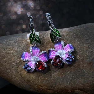 Purple Flower and Butterfly Enamel Hoop Earrings for Women with Zircon in 925 Sterling Silver