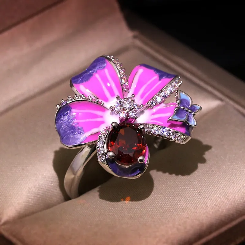 Purple Flower and Butterfly Enamel Ring for Women with Zircon in Silver Color