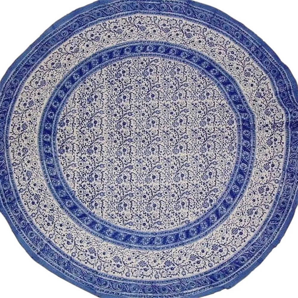 Rajasthan Block Print Round Cotton Tablecloth 72" Blue