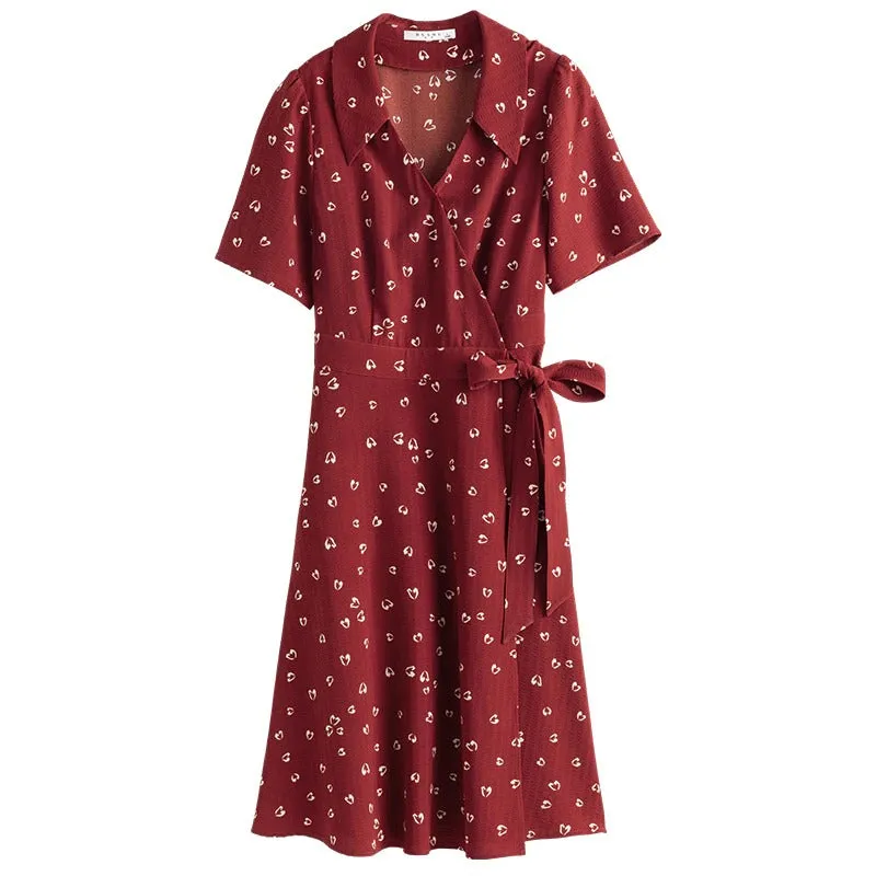 Romantic Maroon Floral Print Calf Length Dresses