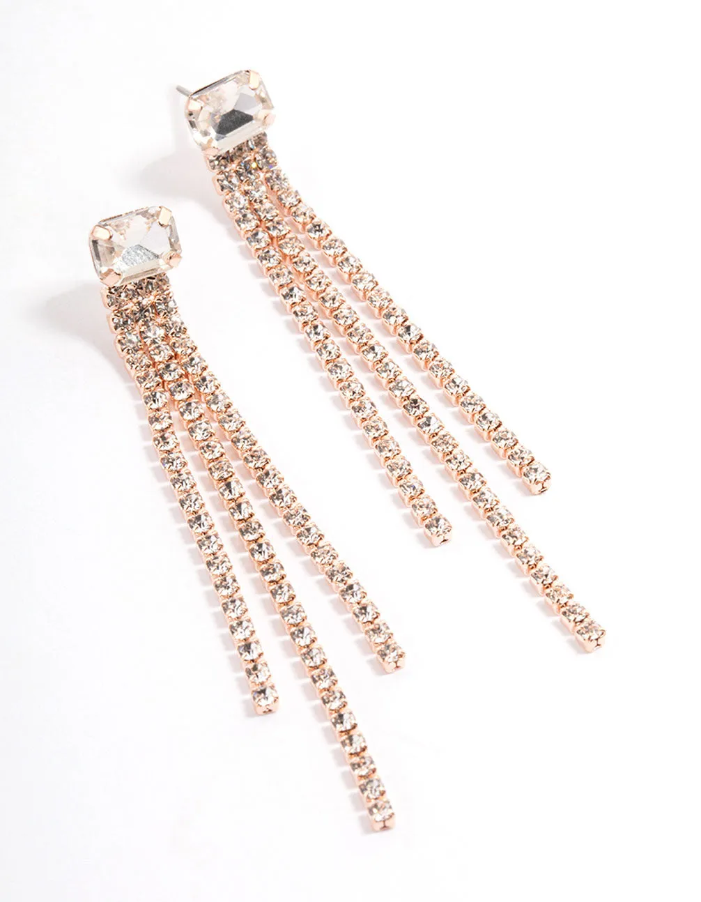 Rose Gold Stone Cupchain Triple Row Drop Earrings