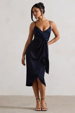 Sabela | Navy Satin Wrap Midi Dress With Knot Detail