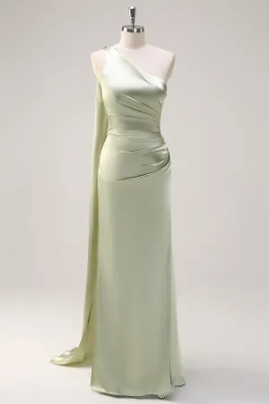 Sage One Shoulder Sheath Bridesmaid Dress with Ribbon