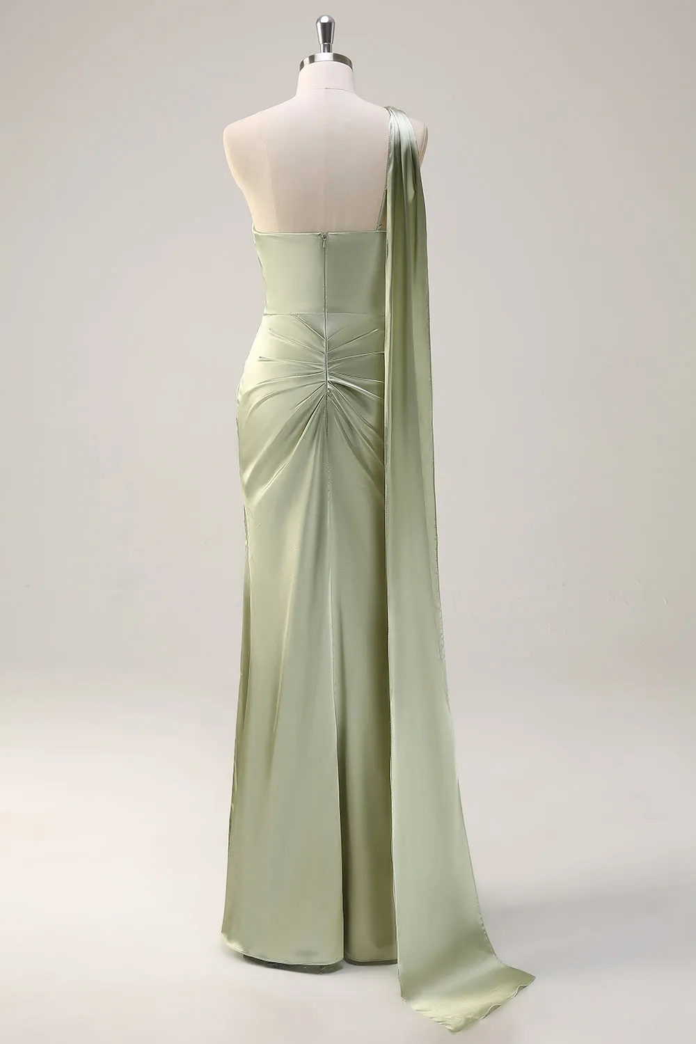 Sage One Shoulder Sheath Bridesmaid Dress with Ribbon