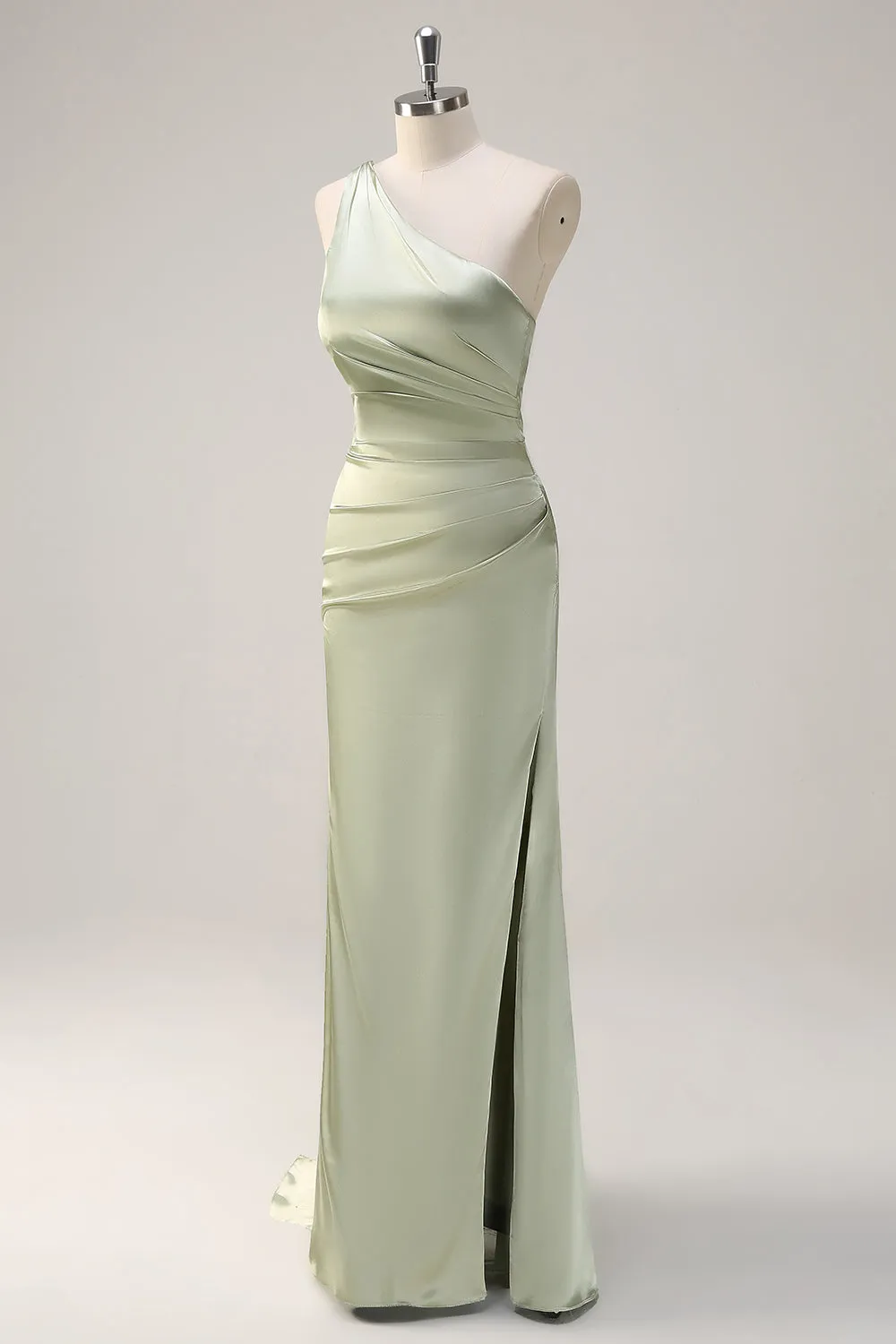 Sage One Shoulder Sheath Bridesmaid Dress with Ribbon