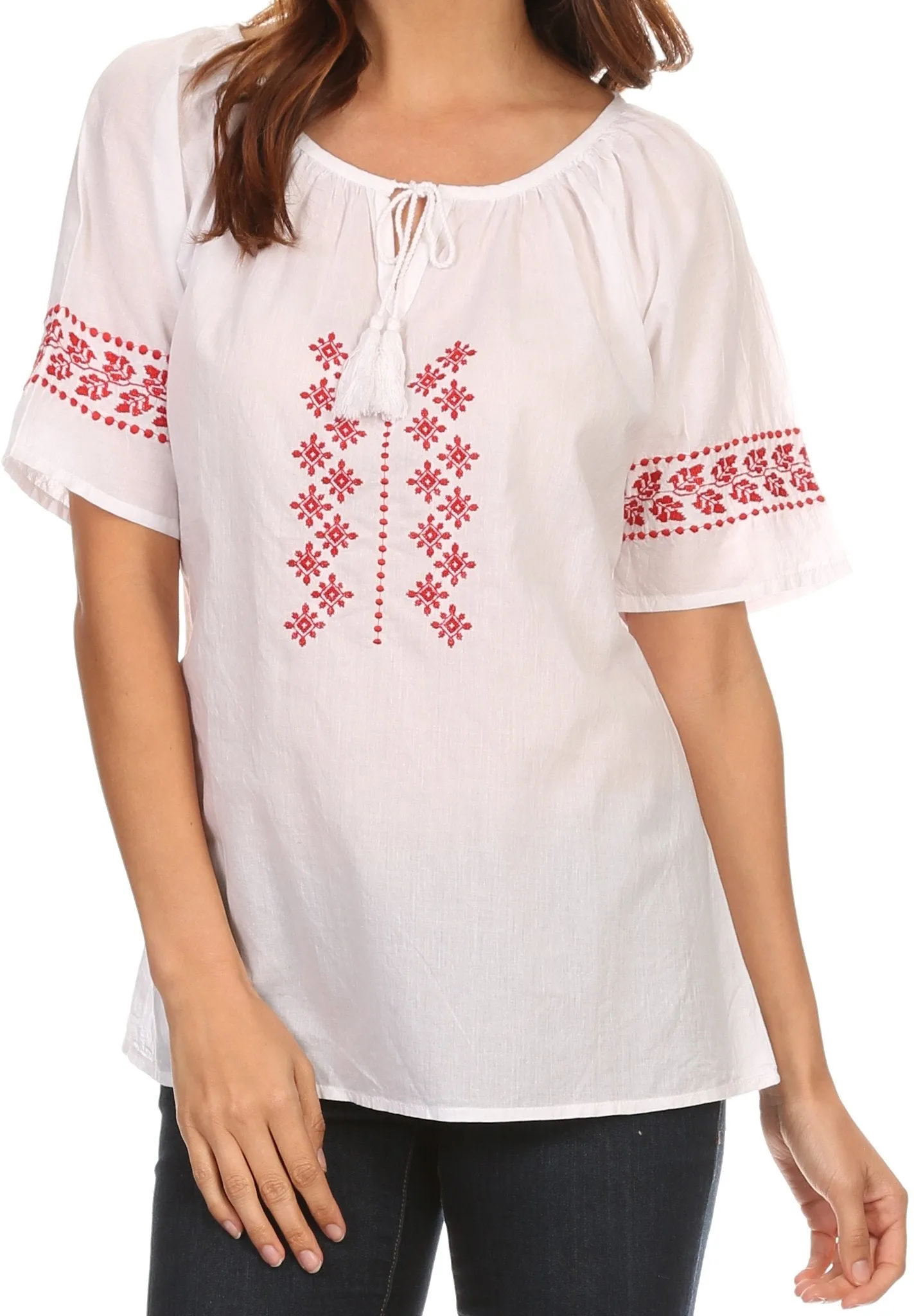 Sakkas Jeanita Embroidered Cotton Boho Short Sleeve Top Blouse With Front Tie