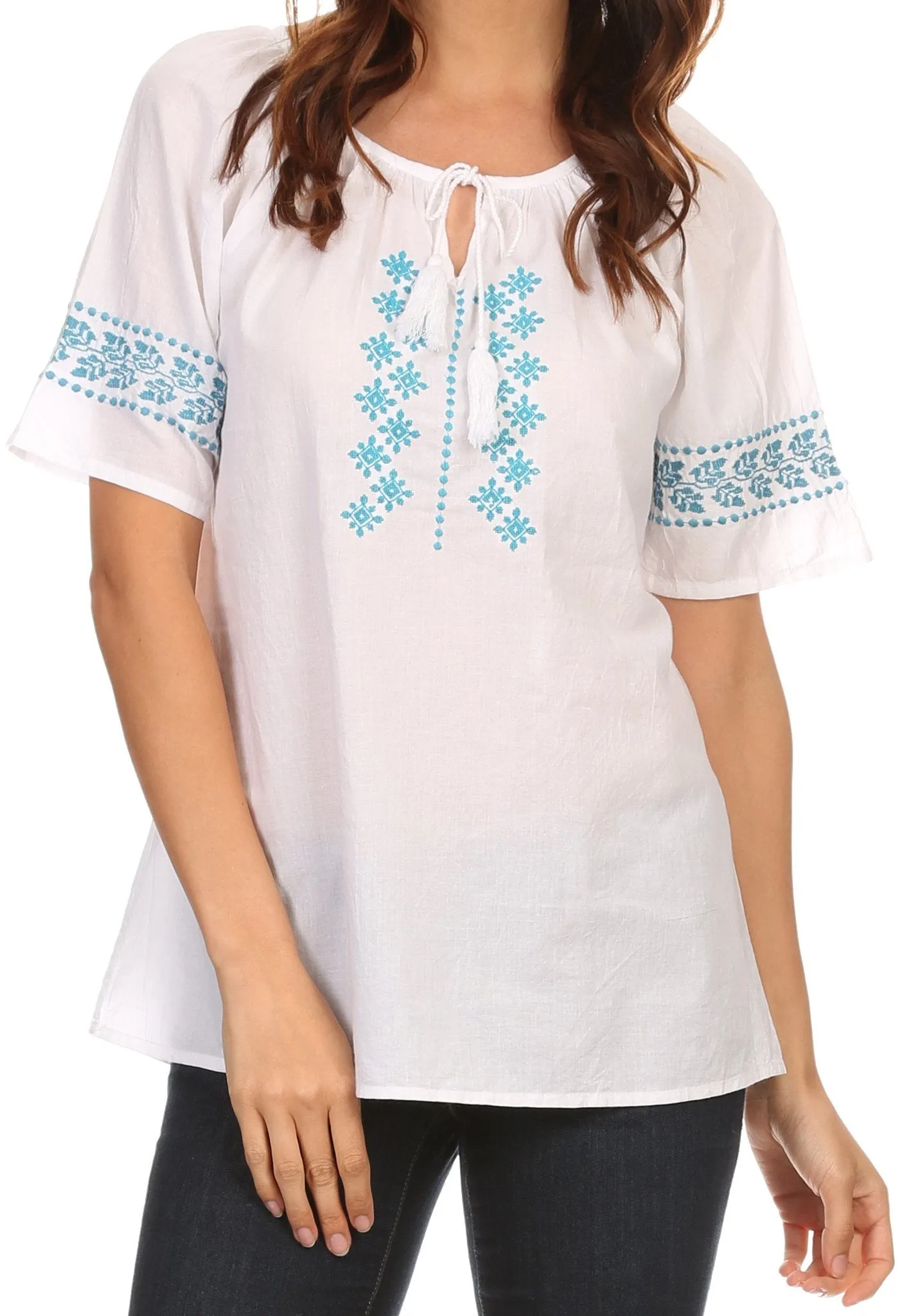 Sakkas Jeanita Embroidered Cotton Boho Short Sleeve Top Blouse With Front Tie