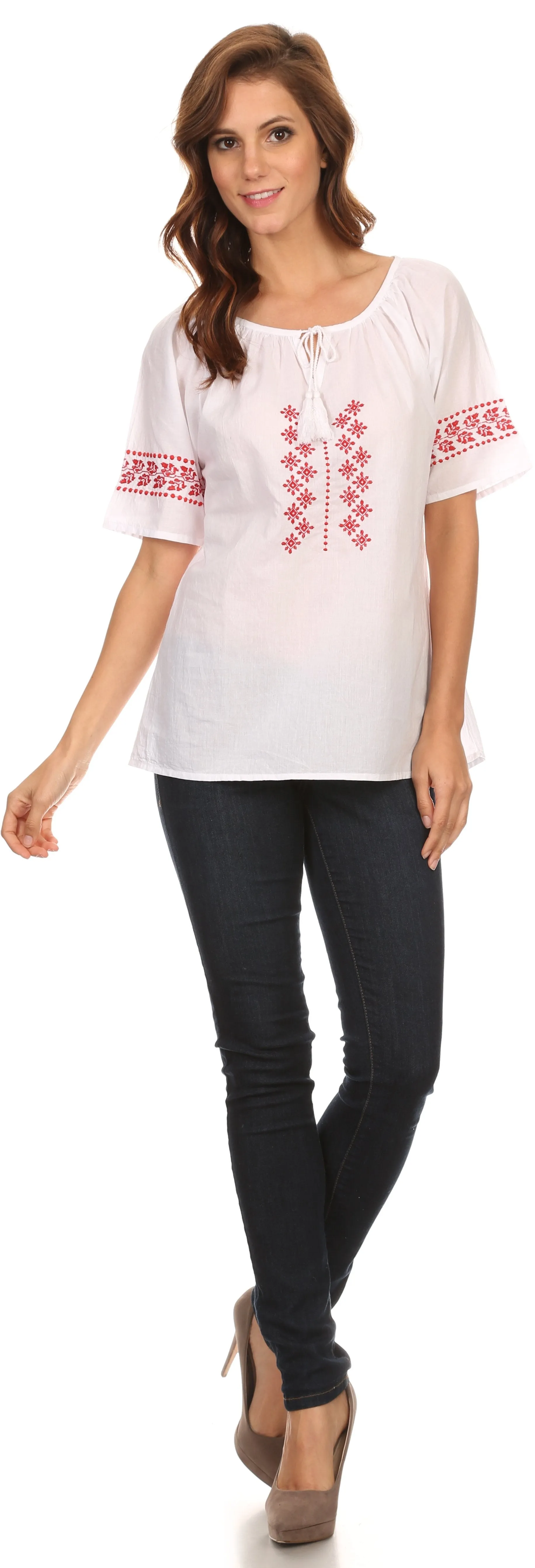 Sakkas Jeanita Embroidered Cotton Boho Short Sleeve Top Blouse With Front Tie