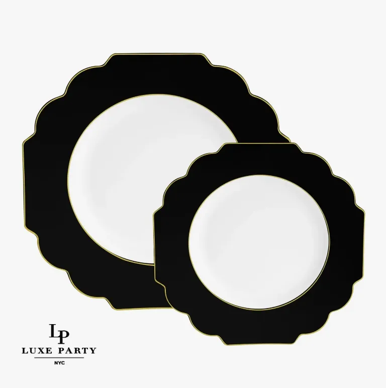 Scalloped Black w/ Gold Plastic Dinner Plates