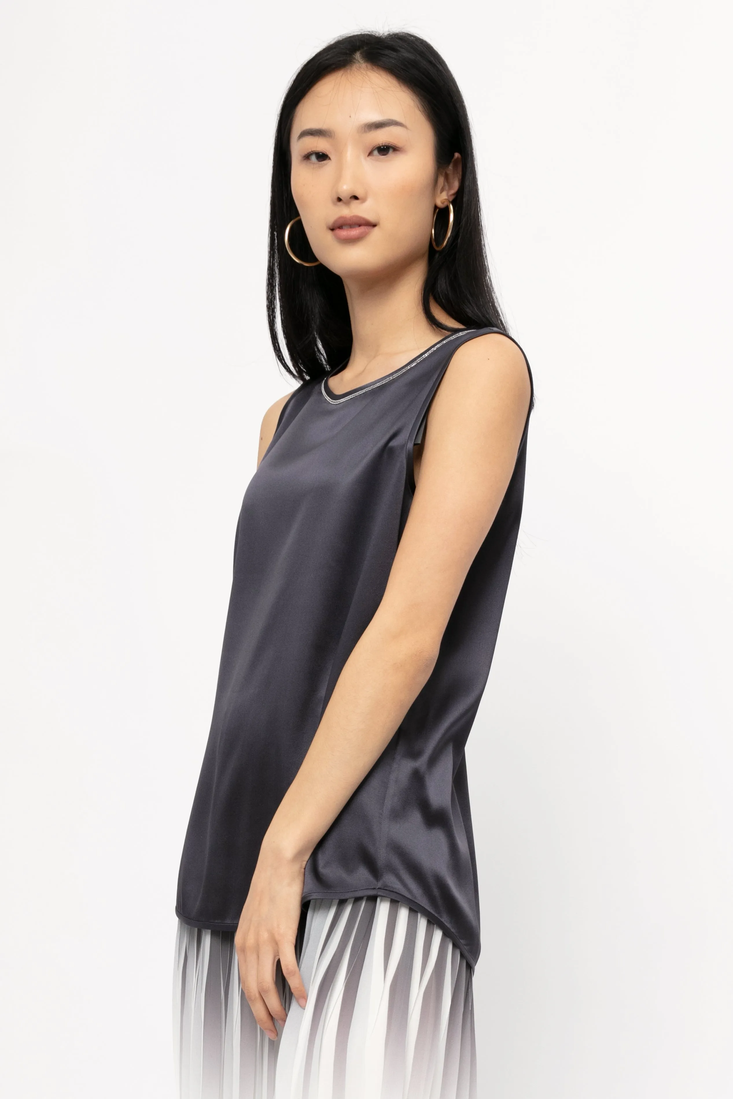 Silk Satin Top in Shadow Blue