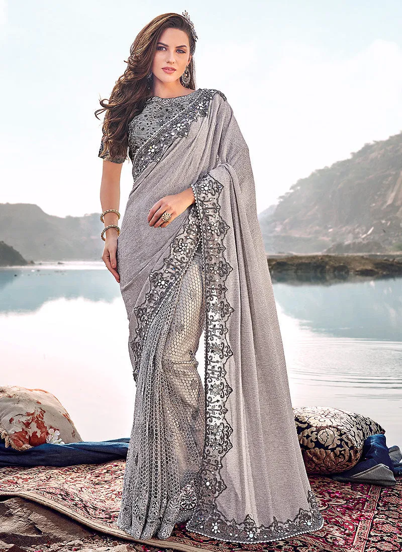 Silver Grey Butti Embroidered Party Wear Saree