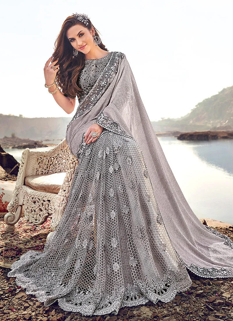 Silver Grey Butti Embroidered Party Wear Saree