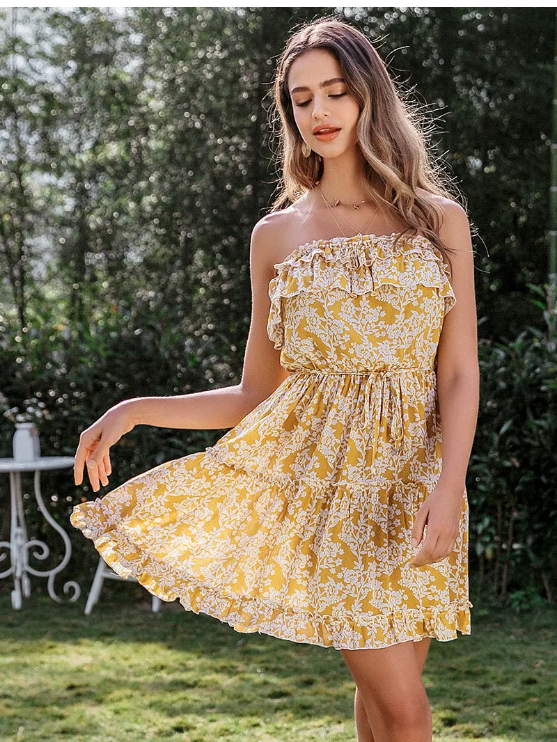 Sleeveless Floral Printed Sexy High Waist Ruffled Mini Tube Dress