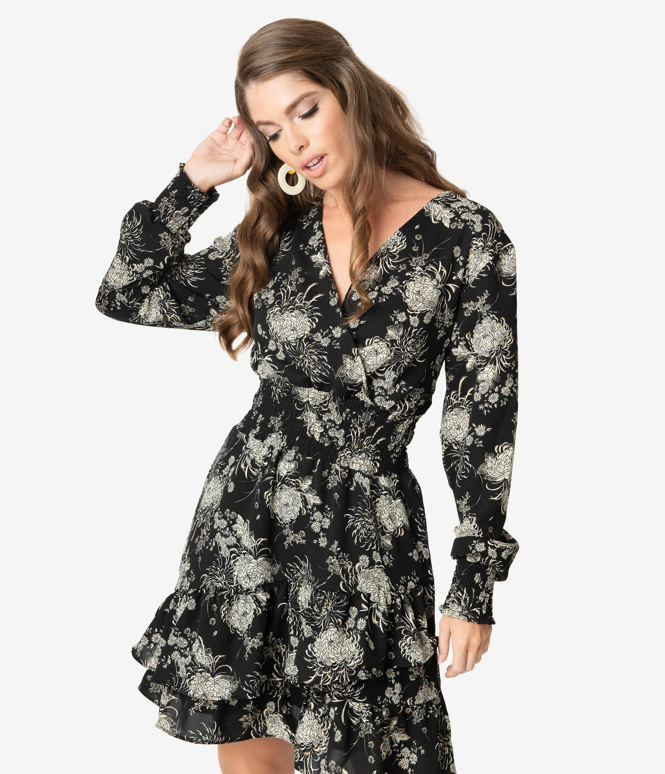 Smak Parlour Black & Gold Floral Print Savvy Scene Fit & Flare Dress