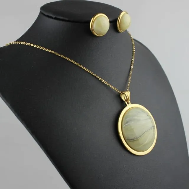 Stainless Steel Jewelry Round Special Resin Stone Jewelry Set for Women in Gold Color