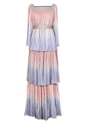 Tiered Belted Chiffon Maxi Dress