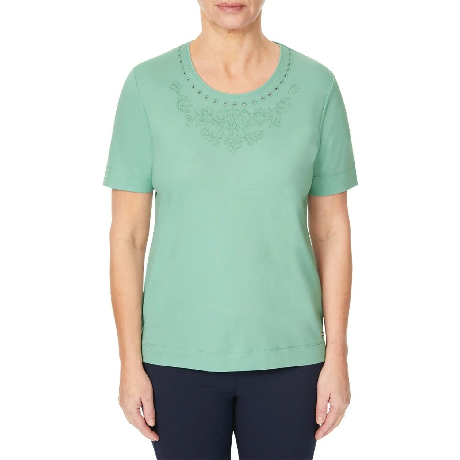 TIGI 10/12 Mint Embroidery Cutwork Neck Top