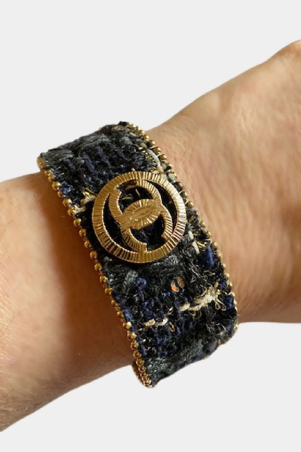 Tweed Elegance: Navy & Black Magnetic Bracelet with Chanel Button, Fashionable Wristband