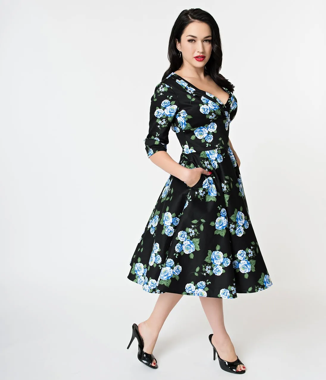 Unique Vintage 1950s Black & Blue Rose Floral Print Delores Swing Dress with Sleeves