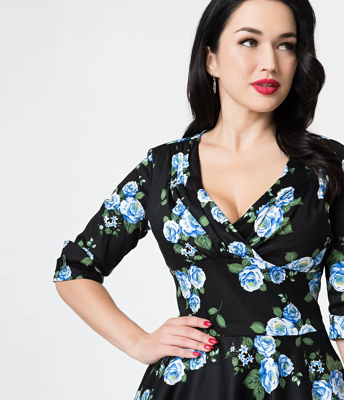 Unique Vintage 1950s Black & Blue Rose Floral Print Delores Swing Dress with Sleeves