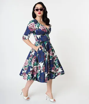 Unique Vintage 1950s White & Blooming Floral Print Delores Swing Dress with Sleeves