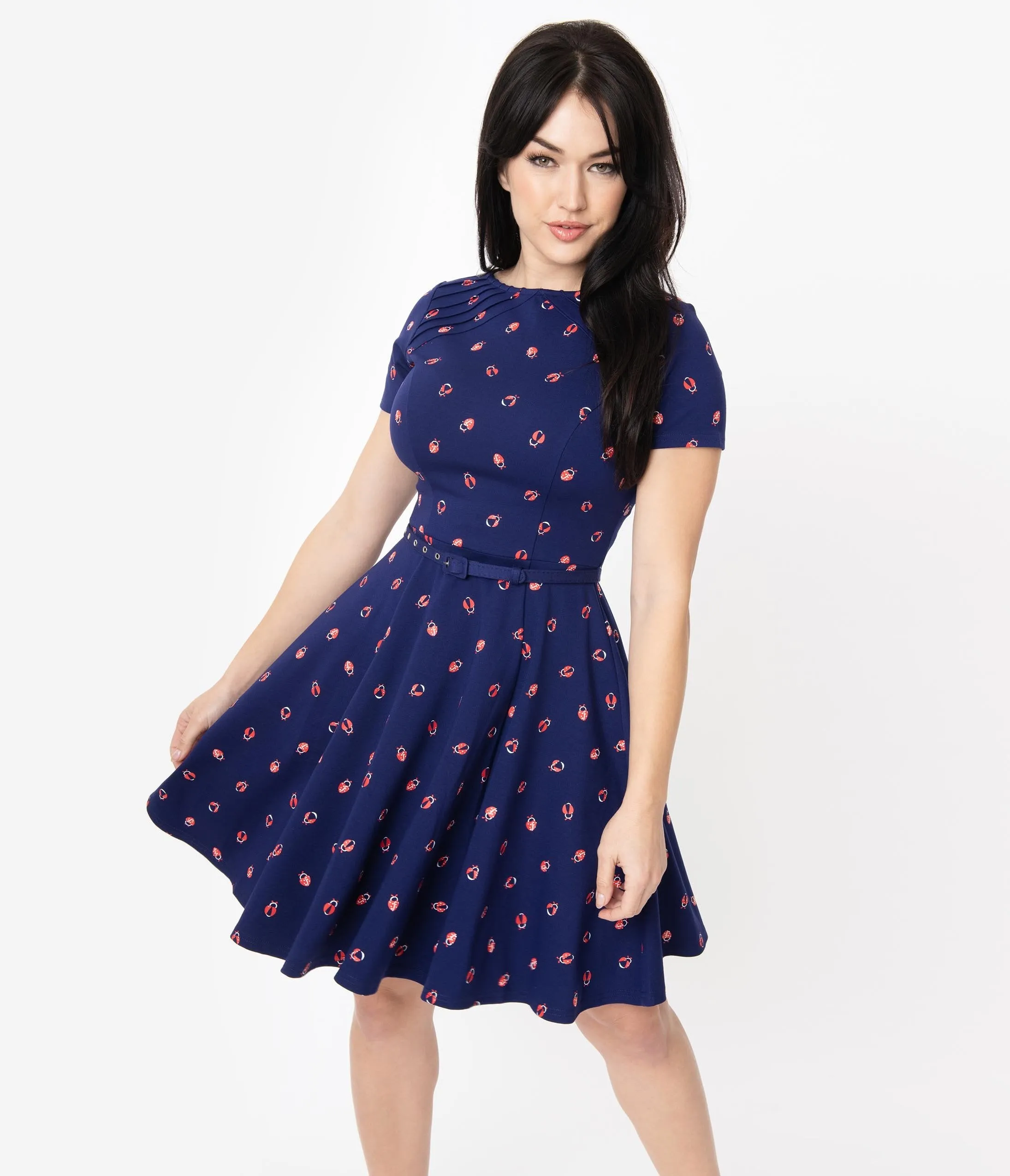 Unique Vintage Navy Ladybug Short Sleeve Stephanie Fit & Flare Dress