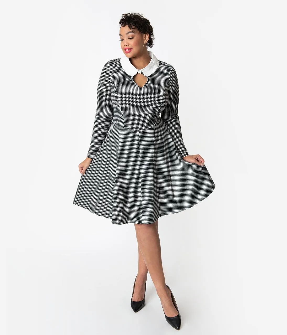 Unique Vintage Plus Size Black & White Houndstooth Wednesday Flare Dress