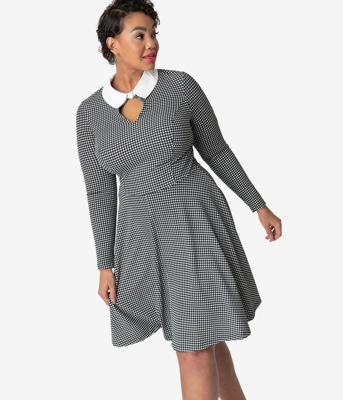 Unique Vintage Plus Size Black & White Houndstooth Wednesday Flare Dress