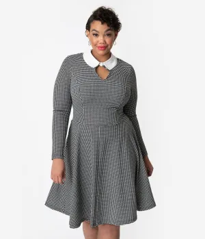 Unique Vintage Plus Size Black & White Houndstooth Wednesday Flare Dress