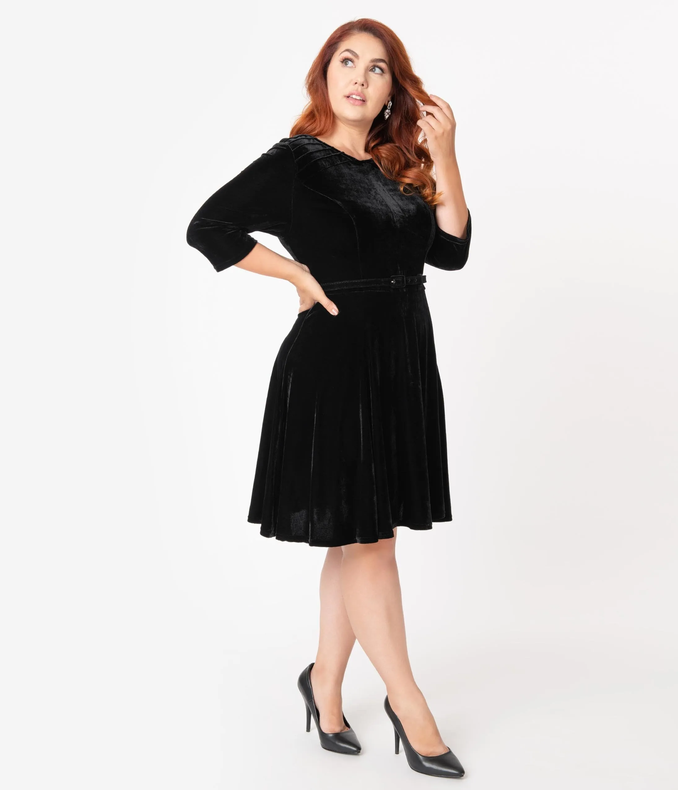 Unique Vintage Plus Size Black Velvet Stephanie Fit & Flare Dress