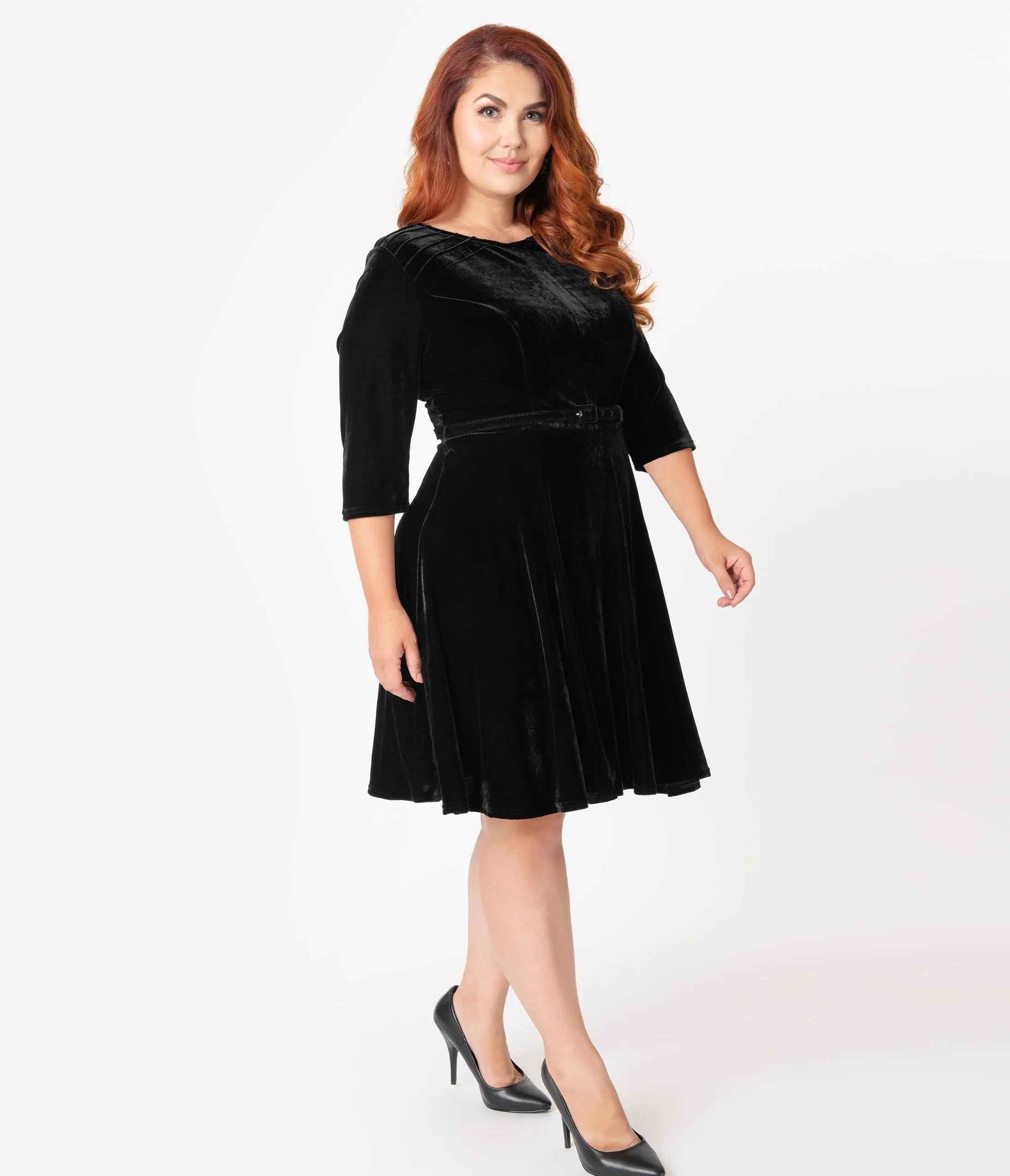 Unique Vintage Plus Size Black Velvet Stephanie Fit & Flare Dress