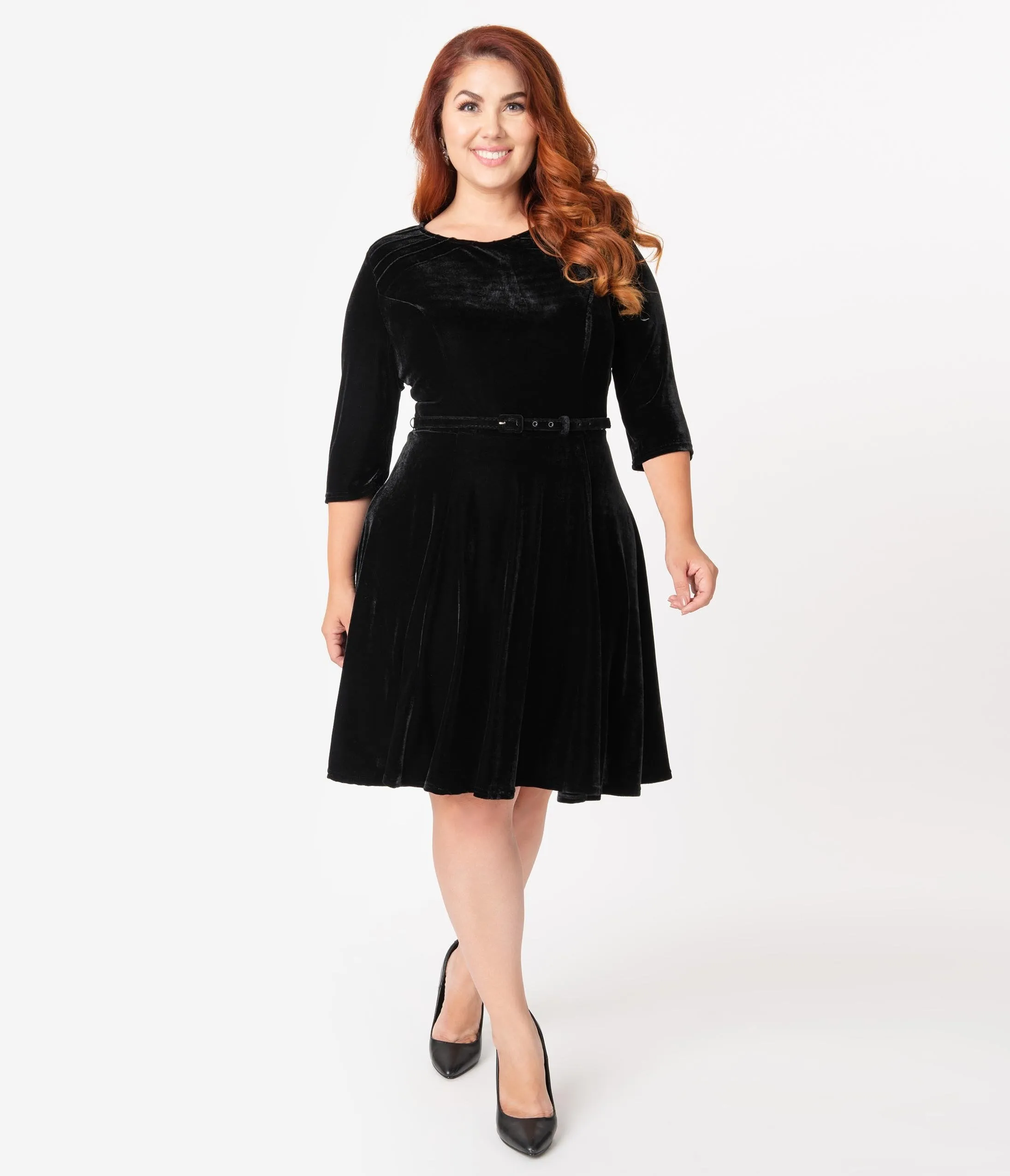 Unique Vintage Plus Size Black Velvet Stephanie Fit & Flare Dress