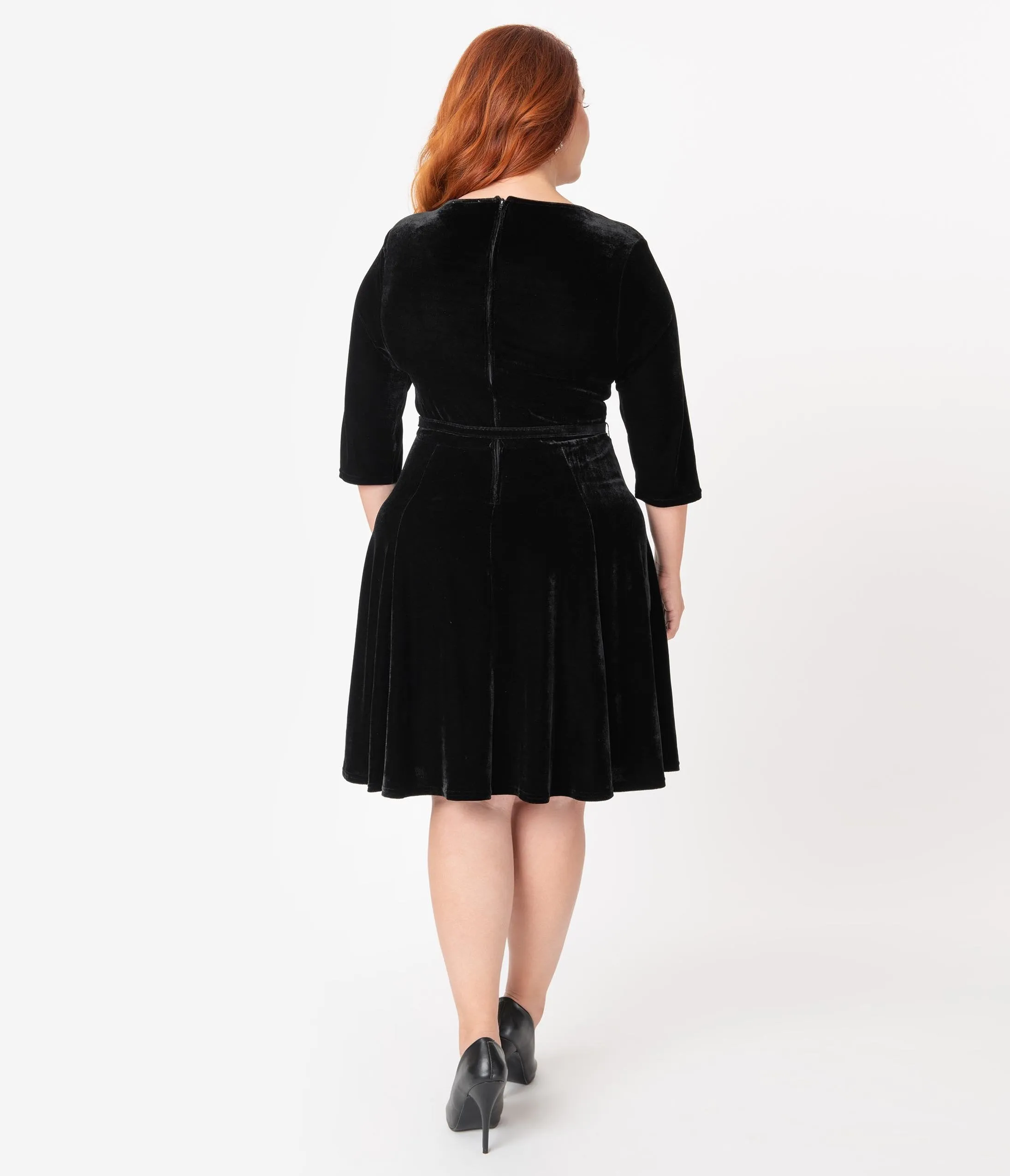 Unique Vintage Plus Size Black Velvet Stephanie Fit & Flare Dress