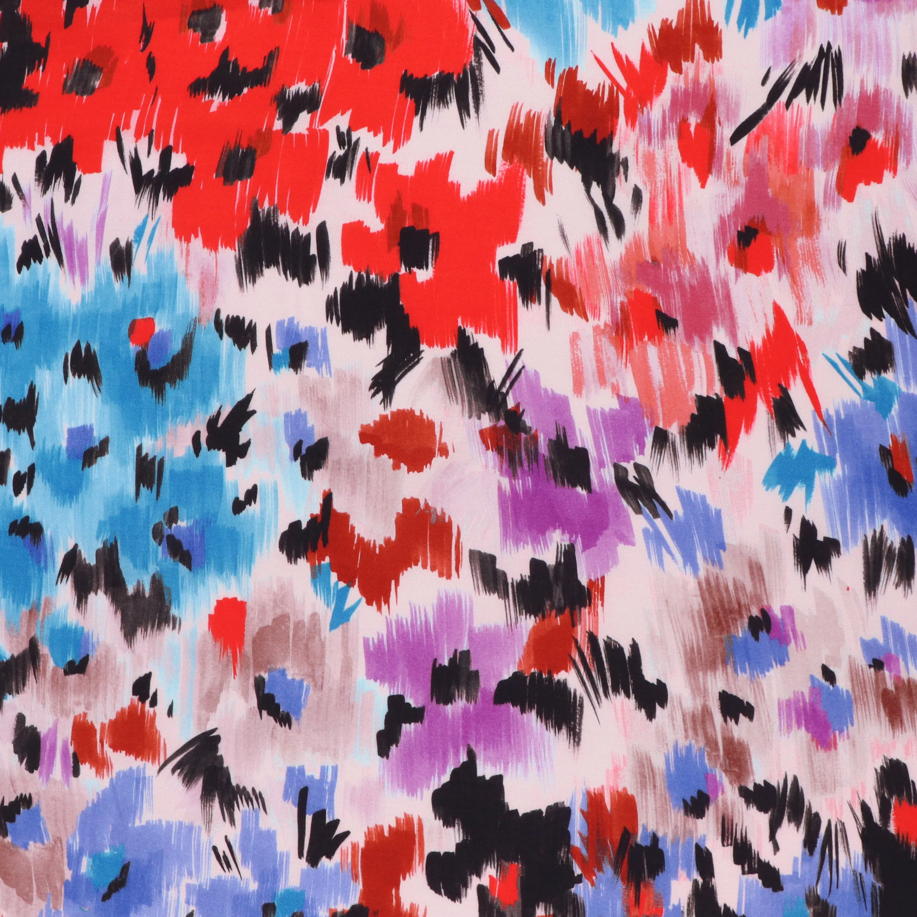 Viscose Satin - Abstract Flower Meadow - Blue   Red