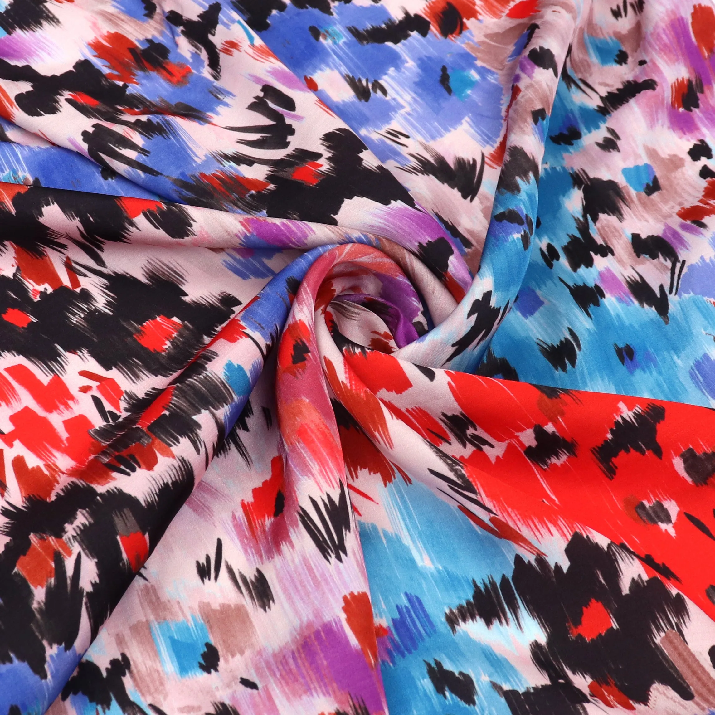 Viscose Satin - Abstract Flower Meadow - Blue   Red