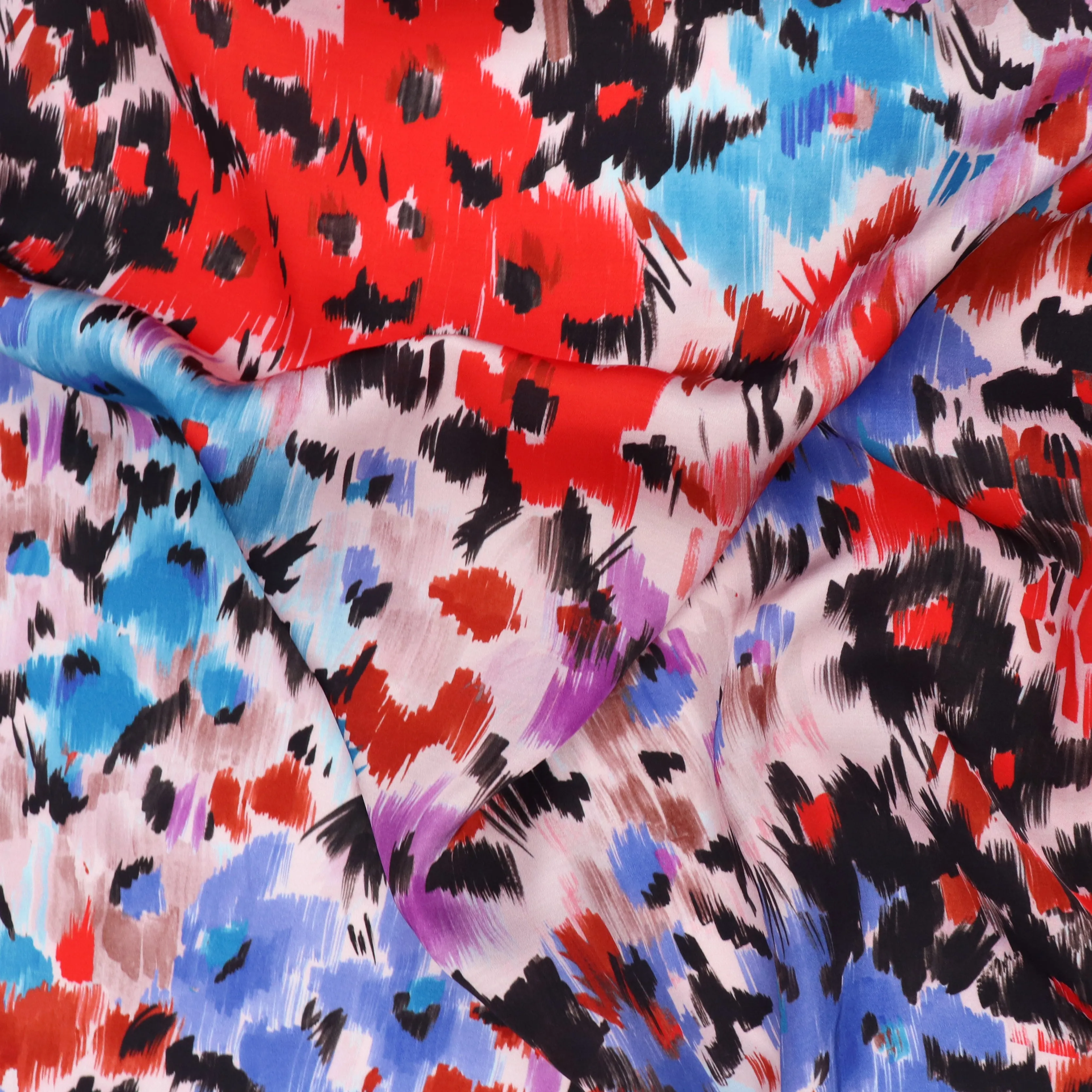 Viscose Satin - Abstract Flower Meadow - Blue   Red