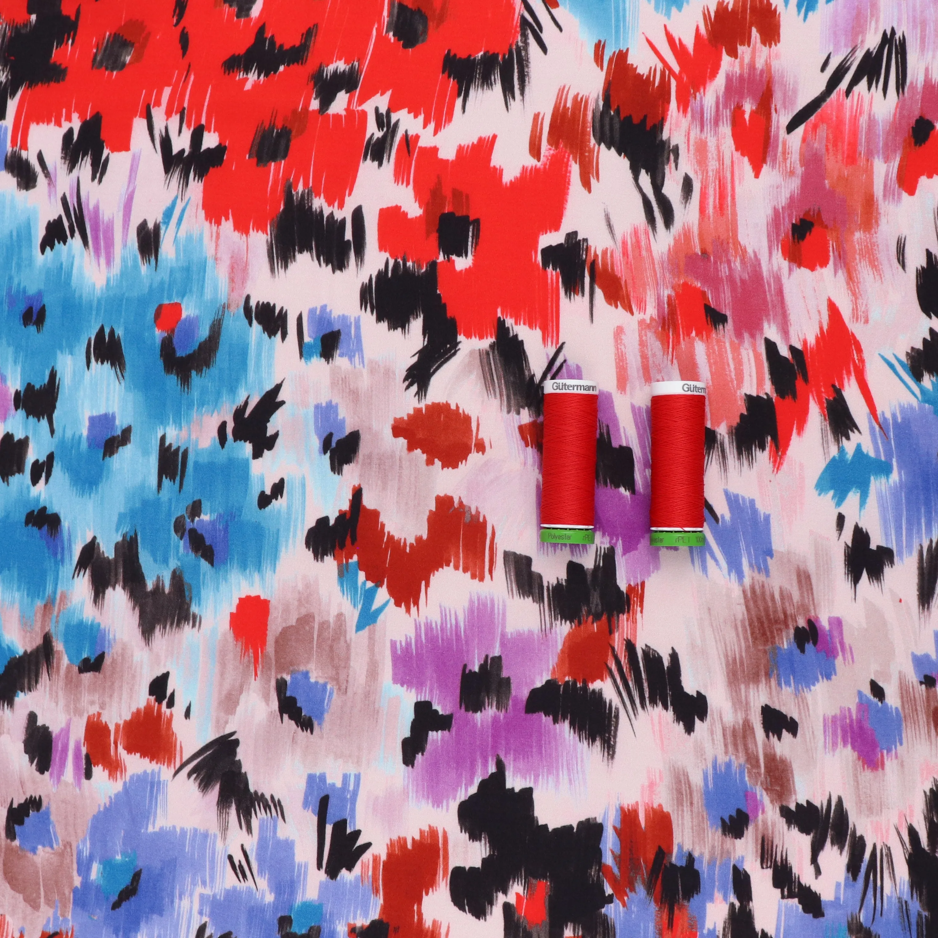 Viscose Satin - Abstract Flower Meadow - Blue   Red