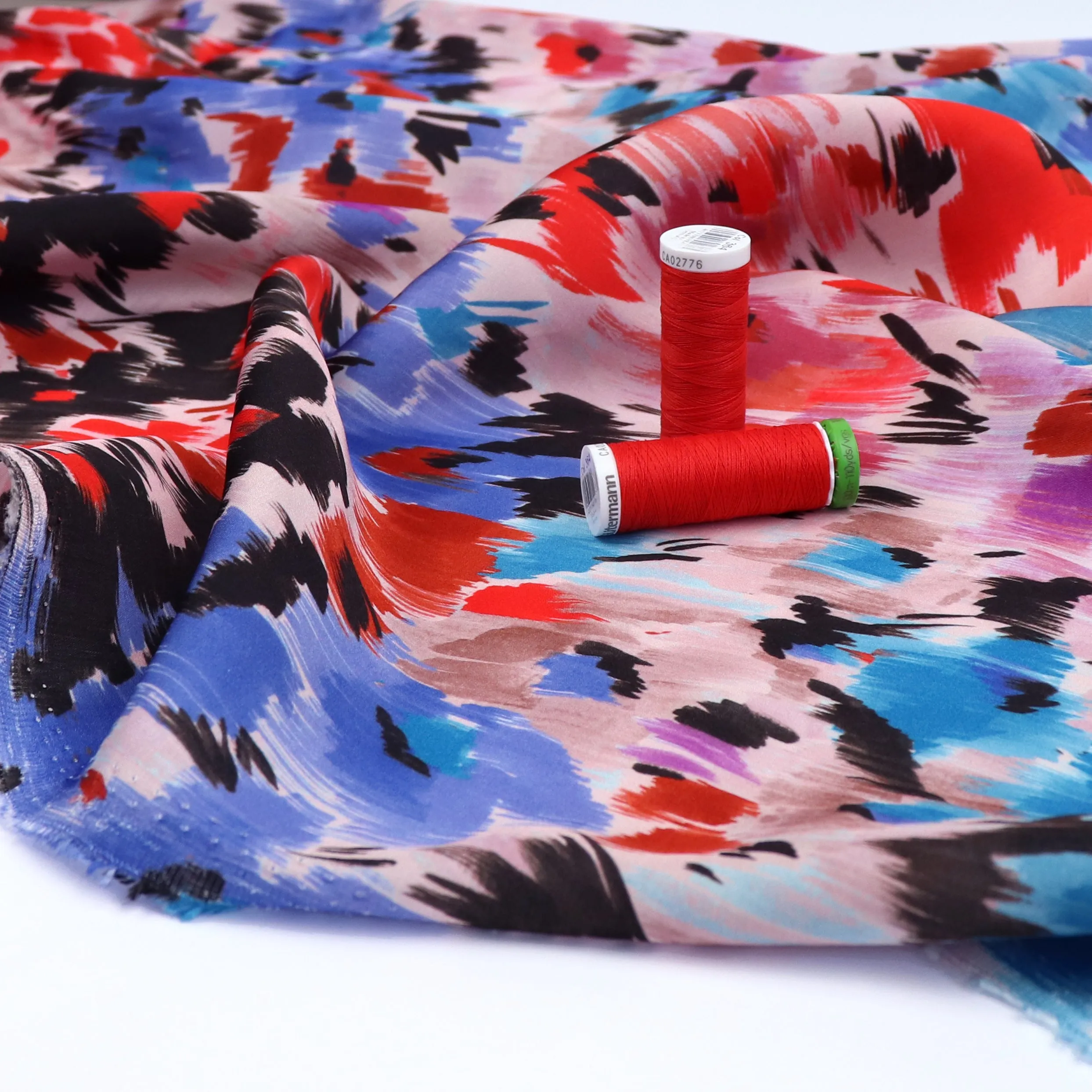 Viscose Satin - Abstract Flower Meadow - Blue   Red