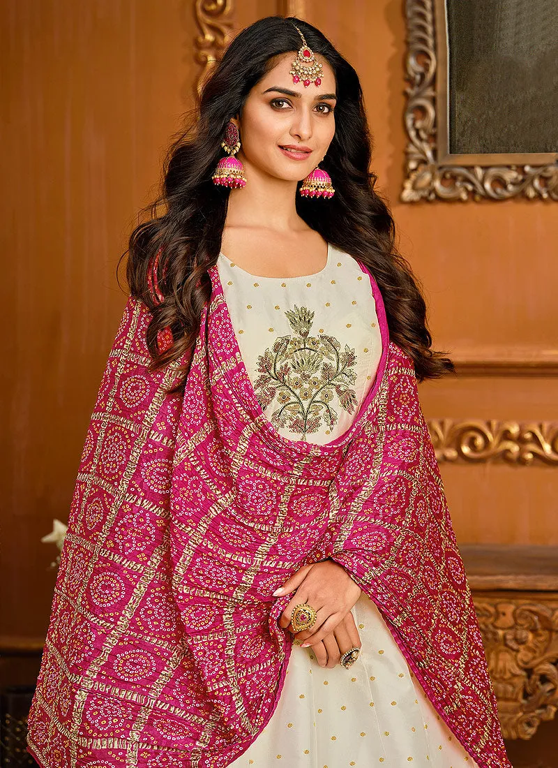 White And Pink Embroidered Silk Anarkali Suit