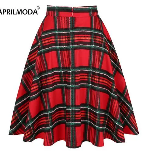 White Black Plaid Printed Women Cotton Skirt Party Fashion High Waist Retro Vintage England Midi Knee Length A-line School Skirt