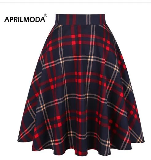 White Black Plaid Printed Women Cotton Skirt Party Fashion High Waist Retro Vintage England Midi Knee Length A-line School Skirt