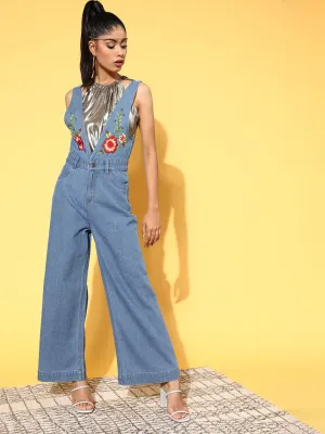 Women Blue Embroidered Detail Denim Jumpsuit