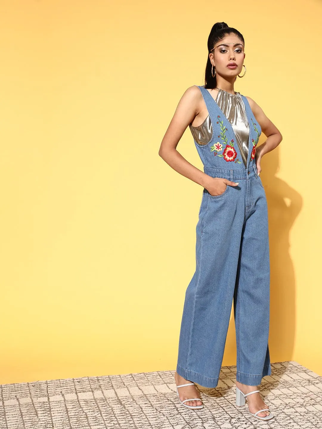 Women Blue Embroidered Detail Denim Jumpsuit