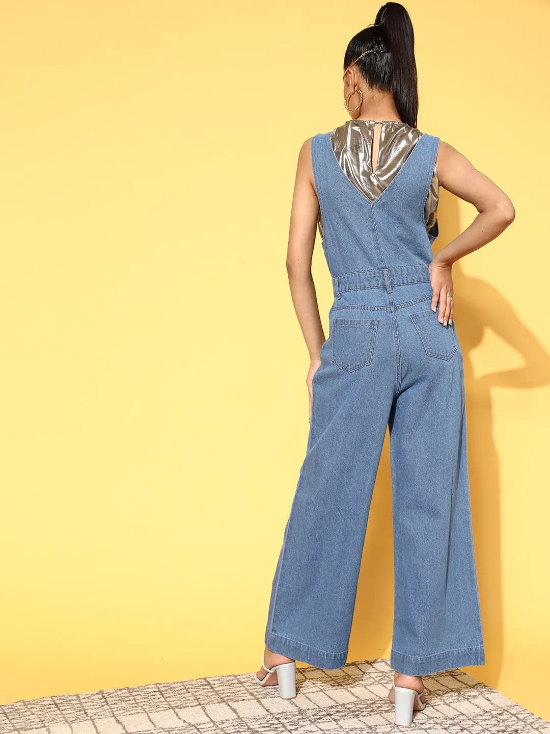 Women Blue Embroidered Detail Denim Jumpsuit