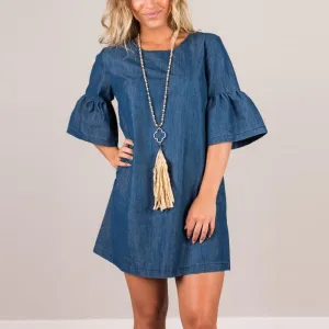 Women Ladies Fashion Flared Ruffled Flounce Sleeve Denim Blue Jean Look Vintage Retro Shirt Dress Mini Short Vestido