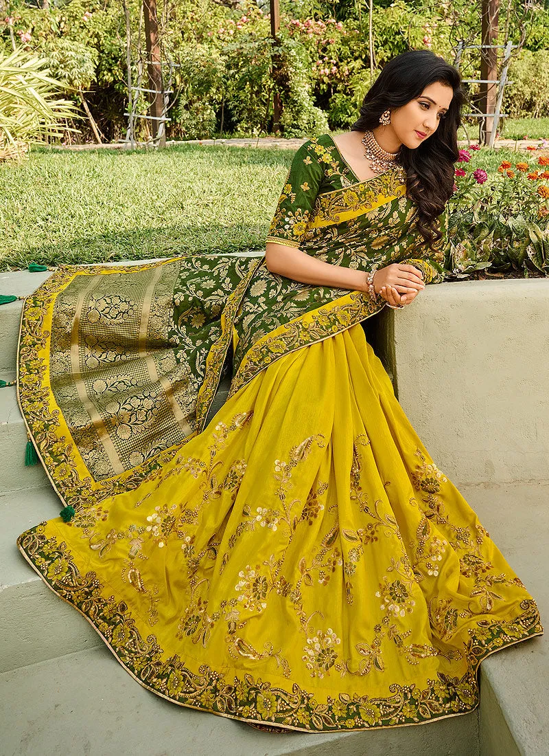 Yellow And Green Embroidered Silk Saree