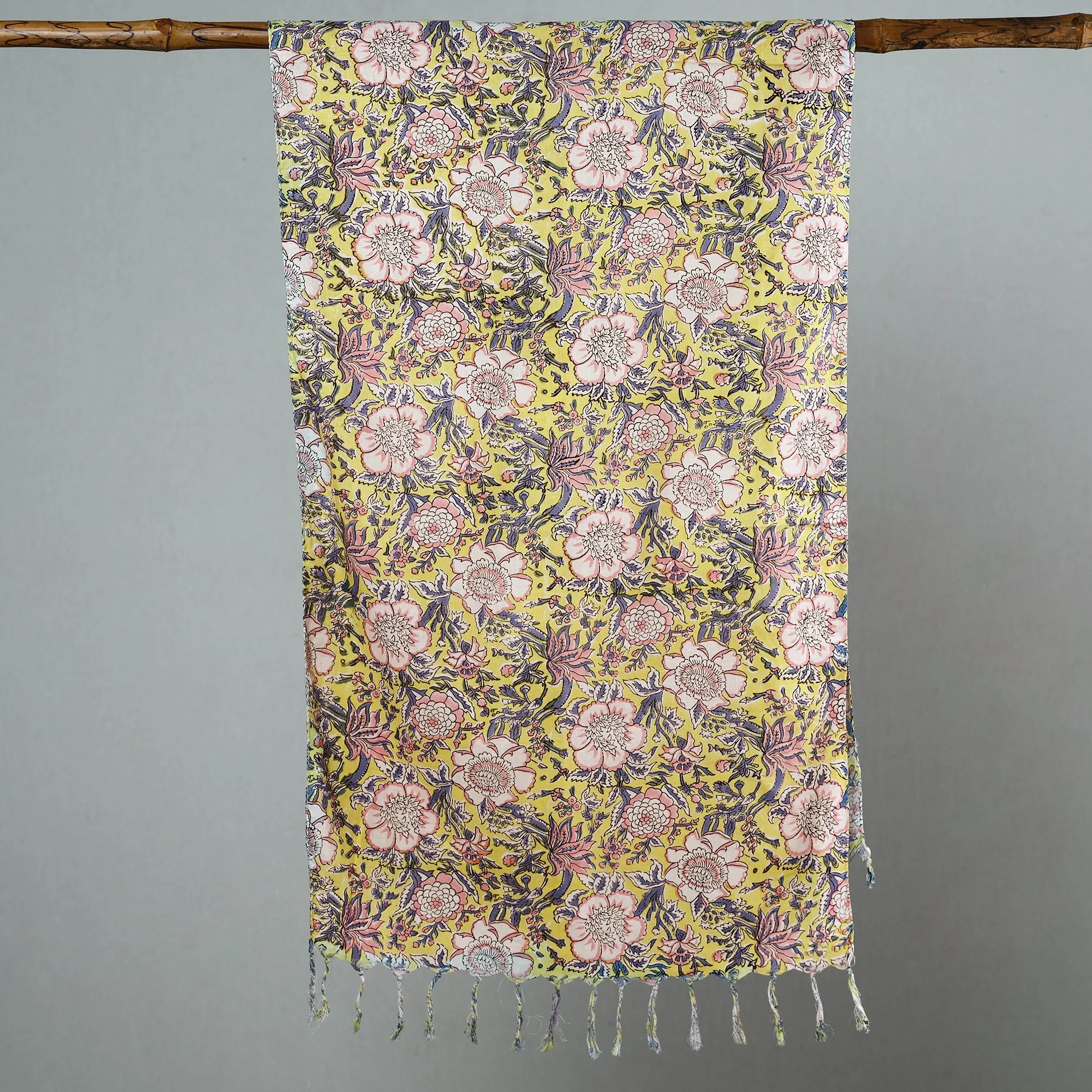 Yellow - Sanganeri Block Printed Cotton Stole with Tassels 118